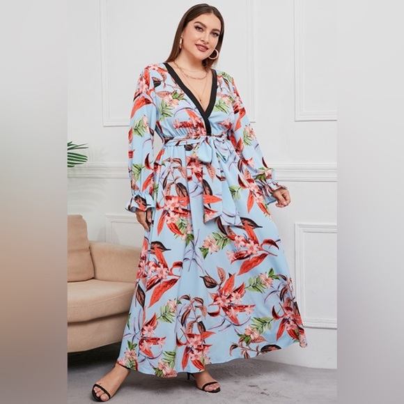 Plus Size Belted Surplice Flounce Sleeve Maxi Dress Misty Blue - Picture 1 of 5